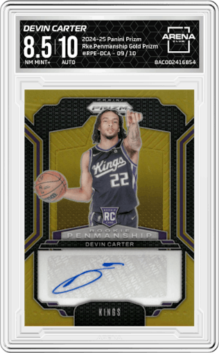 Devin Carter from the 2024-25 Panini Prizm set featuring a Gold Prizm parallel graded by Arena Club and given an overall grade of 8.5.