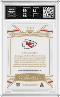 Rashee Rice from the 2023 Panini Flawless set graded by Arena Club and given an overall grade of 9.5.