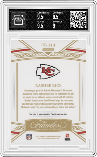 Rashee Rice from the 2023 Panini Flawless set graded by Arena Club and given an overall grade of 9.5.