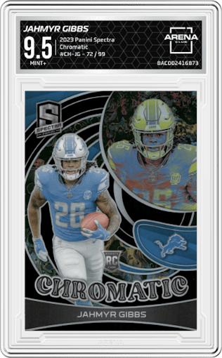 Jahmyr Gibbs from the 2023 Panini Spectra set graded by Arena Club and given an overall grade of 9.5.