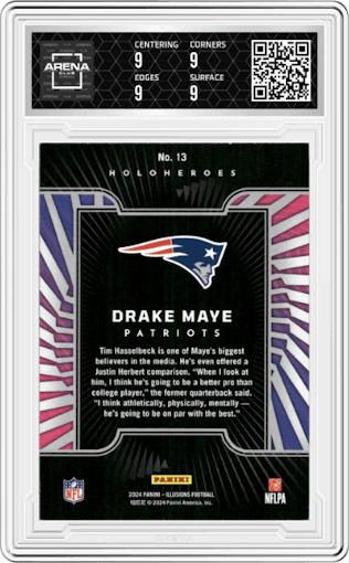 Drake Maye from the 2024 Panini Illusions set graded by Arena Club and given an overall grade of 9.