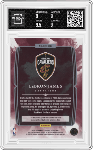 LeBron James from the 2024-25 Panini Origins set graded by Arena Club and given an overall grade of 9.