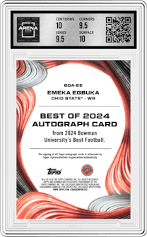 Emeka Egbuka from the 2024 Bowman University Best set graded by Arena Club and given an overall grade of 10.