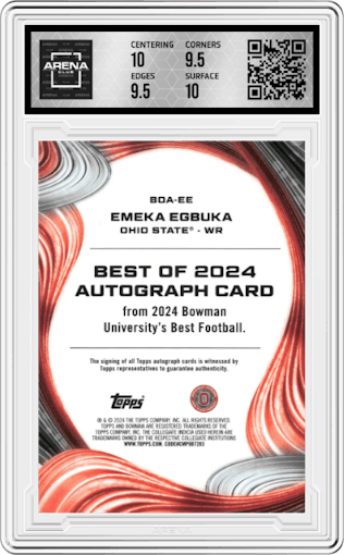 Emeka Egbuka from the 2024 Bowman University Best set graded by Arena Club and given an overall grade of 10.