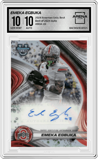 Emeka Egbuka from the 2024 Bowman University Best set graded by Arena Club and given an overall grade of 10.