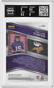 Dallas Turner from the 2024 Panini Spectra set featuring a Blue Neon parallel graded by Arena Club and given an overall grade of 8.5.