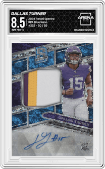 Dallas Turner from the 2024 Panini Spectra set featuring a Blue Neon parallel graded by Arena Club and given an overall grade of 8.5.