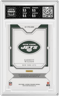 Garrett Wilson from the 2023 Panini National Treasures set featuring a Holo Silver Prime parallel graded by Arena Club and given an overall grade of 9.5.
