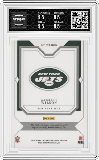 Garrett Wilson from the 2023 Panini National Treasures set featuring a Holo Silver Prime parallel graded by Arena Club and given an overall grade of 9.5.