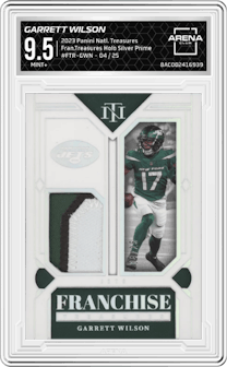 Garrett Wilson from the 2023 Panini National Treasures set featuring a Holo Silver Prime parallel graded by Arena Club and given an overall grade of 9.5.
