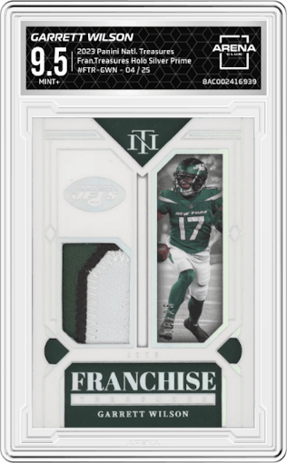 Garrett Wilson from the 2023 Panini National Treasures set featuring a Holo Silver Prime parallel graded by Arena Club and given an overall grade of 9.5.