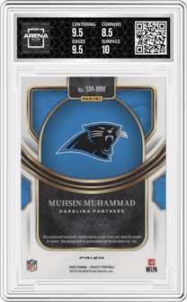 Muhsin Muhammad from the 2023 Panini Select set featuring a Gold Prizm parallel graded by Arena Club and given an overall grade of 9.