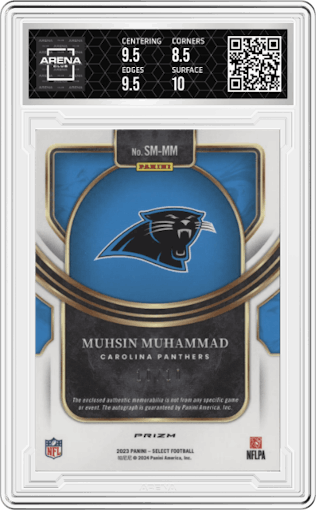 Muhsin Muhammad from the 2023 Panini Select set featuring a Gold Prizm parallel graded by Arena Club and given an overall grade of 9.