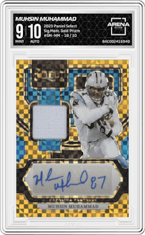 Muhsin Muhammad from the 2023 Panini Select set featuring a Gold Prizm parallel graded by Arena Club and given an overall grade of 9.