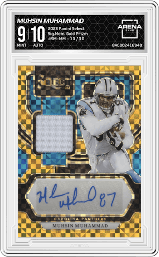 Muhsin Muhammad from the 2023 Panini Select set featuring a Gold Prizm parallel graded by Arena Club and given an overall grade of 9.