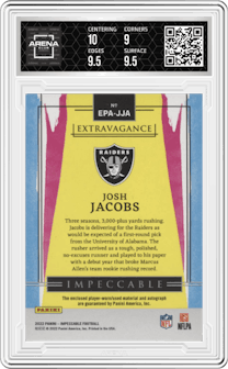 Josh Jacobs from the 2022 Panini Impeccable set graded by Arena Club and given an overall grade of 9.5.