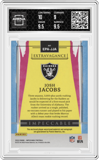 Josh Jacobs from the 2022 Panini Impeccable set graded by Arena Club and given an overall grade of 9.5.