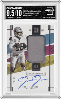 Josh Jacobs from the 2022 Panini Impeccable set graded by Arena Club and given an overall grade of 9.5.