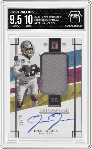 Josh Jacobs from the 2022 Panini Impeccable set graded by Arena Club and given an overall grade of 9.5.