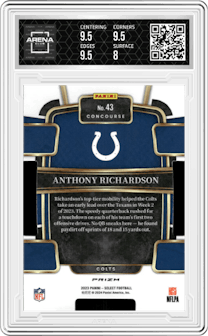 Anthony Richardson from the 2023 Panini Select set featuring a Die-Cut Zebra Prizm parallel graded by Arena Club and given an overall grade of 8.5.