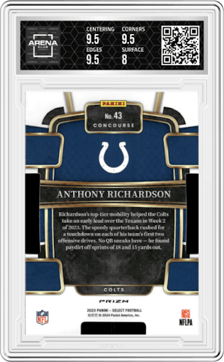 Anthony Richardson from the 2023 Panini Select set featuring a Die-Cut Zebra Prizm parallel graded by Arena Club and given an overall grade of 8.5.