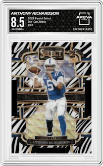 Anthony Richardson from the 2023 Panini Select set featuring a Die-Cut Zebra Prizm parallel graded by Arena Club and given an overall grade of 8.5.