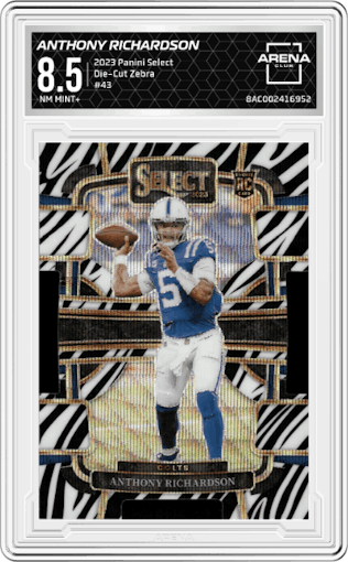 Anthony Richardson from the 2023 Panini Select set featuring a Die-Cut Zebra Prizm parallel graded by Arena Club and given an overall grade of 8.5.