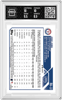 Josh Jung from the 2023 Topps Chrome set featuring a Purple Refractor parallel graded by Arena Club and given an overall grade of 9.