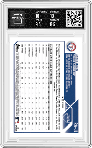 Josh Jung from the 2023 Topps Chrome set featuring a Purple Refractor parallel graded by Arena Club and given an overall grade of 9.