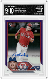 Josh Jung from the 2023 Topps Chrome set featuring a Purple Refractor parallel graded by Arena Club and given an overall grade of 9.