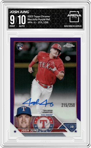 Josh Jung from the 2023 Topps Chrome set featuring a Purple Refractor parallel graded by Arena Club and given an overall grade of 9.