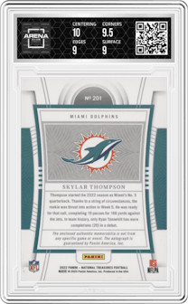 Skylar Thompson from the 2022 Panini National Treasures set featuring a Purple parallel graded by Arena Club and given an overall grade of 9.5.