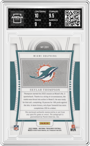 Skylar Thompson from the 2022 Panini National Treasures set featuring a Purple parallel graded by Arena Club and given an overall grade of 9.5.