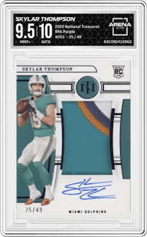 Skylar Thompson from the 2022 Panini National Treasures set featuring a Purple parallel graded by Arena Club and given an overall grade of 9.5.
