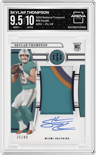 Skylar Thompson from the 2022 Panini National Treasures set featuring a Purple parallel graded by Arena Club and given an overall grade of 9.5.