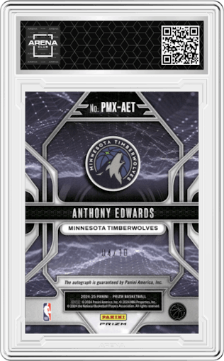 Anthony Edwards from the 2024-25 Panini Prizm set featuring a Gold Shimmer Prizms parallel graded by Arena Club.