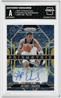 Anthony Edwards from the 2024-25 Panini Prizm set featuring a Gold Shimmer Prizms parallel graded by Arena Club.
