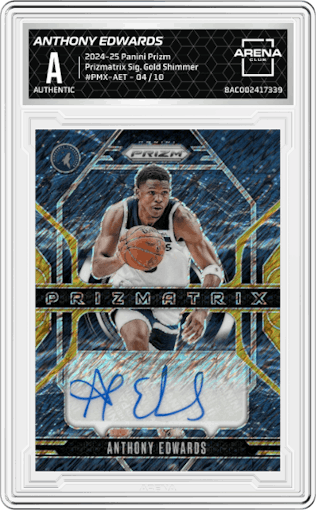 Anthony Edwards from the 2024-25 Panini Prizm set featuring a Gold Shimmer Prizms parallel graded by Arena Club.