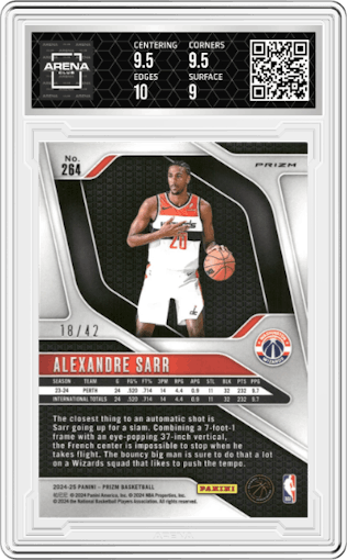 Alexandre Sarr from the 2024-25 Panini Prizm set featuring a Pink Pulsar parallel graded by Arena Club and given an overall grade of 9.5.