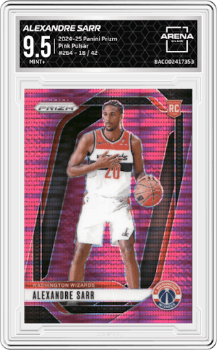 Alexandre Sarr from the 2024-25 Panini Prizm set featuring a Pink Pulsar parallel graded by Arena Club and given an overall grade of 9.5.
