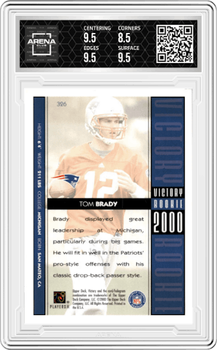 Tom Brady from the 2000 Upper Deck Victory set graded by Arena Club and given an overall grade of 9.
