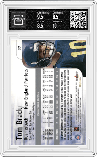 Tom Brady from the 2000 Impact  set graded by Arena Club and given an overall grade of 9.