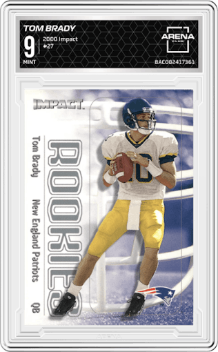 Tom Brady from the 2000 Impact  set graded by Arena Club and given an overall grade of 9.