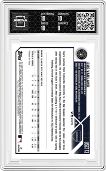 Gus Varland from the 2023 Topps Chrome Update set featuring a Red Refractor parallel graded by Arena Club and given an overall grade of 9.5.