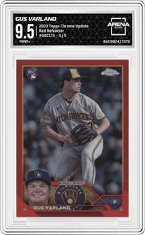 Gus Varland from the 2023 Topps Chrome Update set featuring a Red Refractor parallel graded by Arena Club and given an overall grade of 9.5.