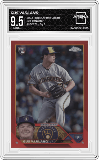 Gus Varland from the 2023 Topps Chrome Update set featuring a Red Refractor parallel graded by Arena Club and given an overall grade of 9.5.