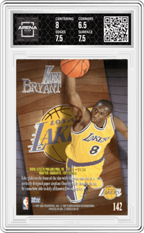 Kobe Bryant from the 1996-97 Skybox Z-Force set graded by Arena Club and given an overall grade of 7.