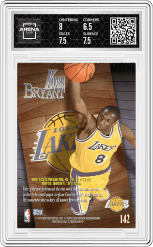 Kobe Bryant from the 1996-97 Skybox Z-Force set graded by Arena Club and given an overall grade of 7.