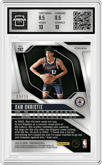 Cam Christie from the 2024-25 Panini Prizm set featuring a Blue Shimmer  parallel graded by Arena Club and given an overall grade of 10.