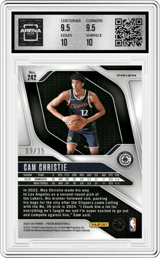 Cam Christie from the 2024-25 Panini Prizm set featuring a Blue Shimmer  parallel graded by Arena Club and given an overall grade of 10.